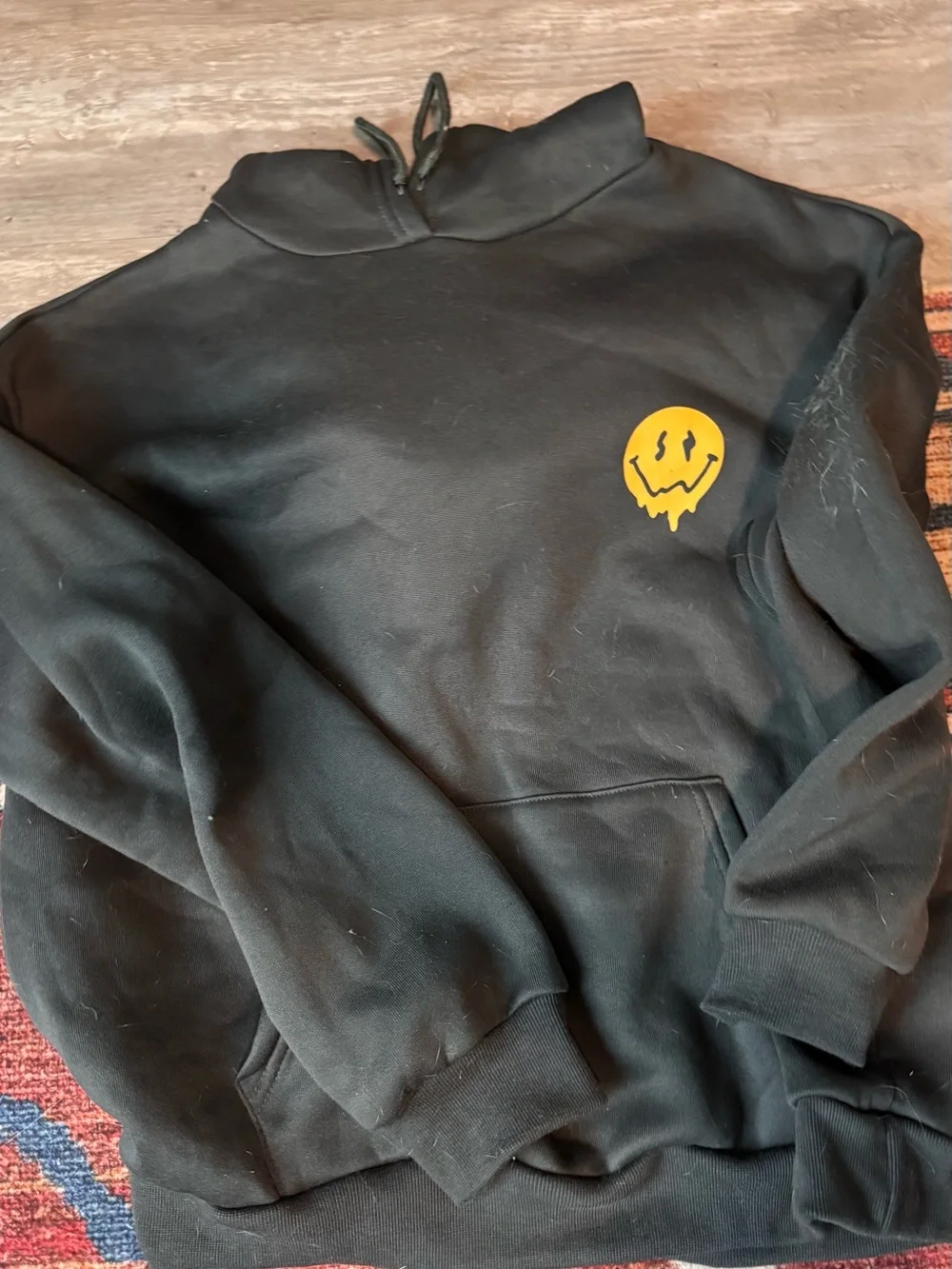 SHEIN Black Hoodie with Yellow Drip Smiley Graphic - Picture 1 of 2